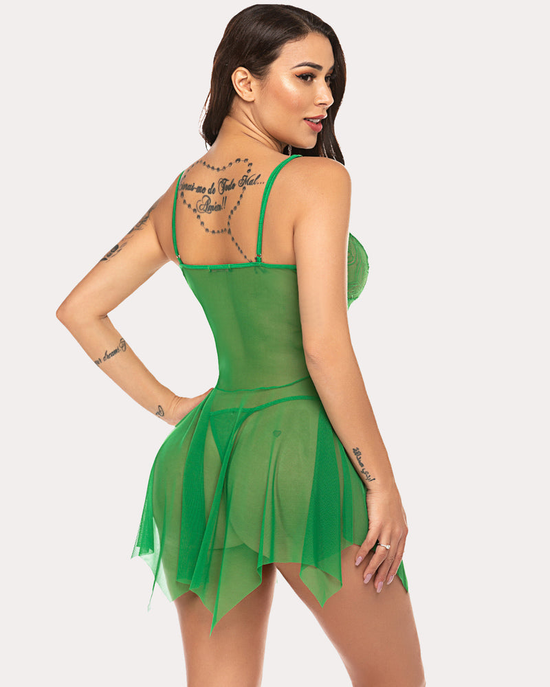 Green lace nightie back view with strappy open-back and sheer layered skirt