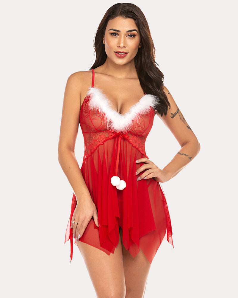 Red lace nightie with white faux-fur trim, adjustable straps, sheer layered skirt