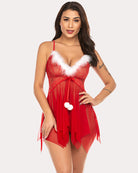Red lace nightie with white faux-fur trim, adjustable straps, sheer layered skirt