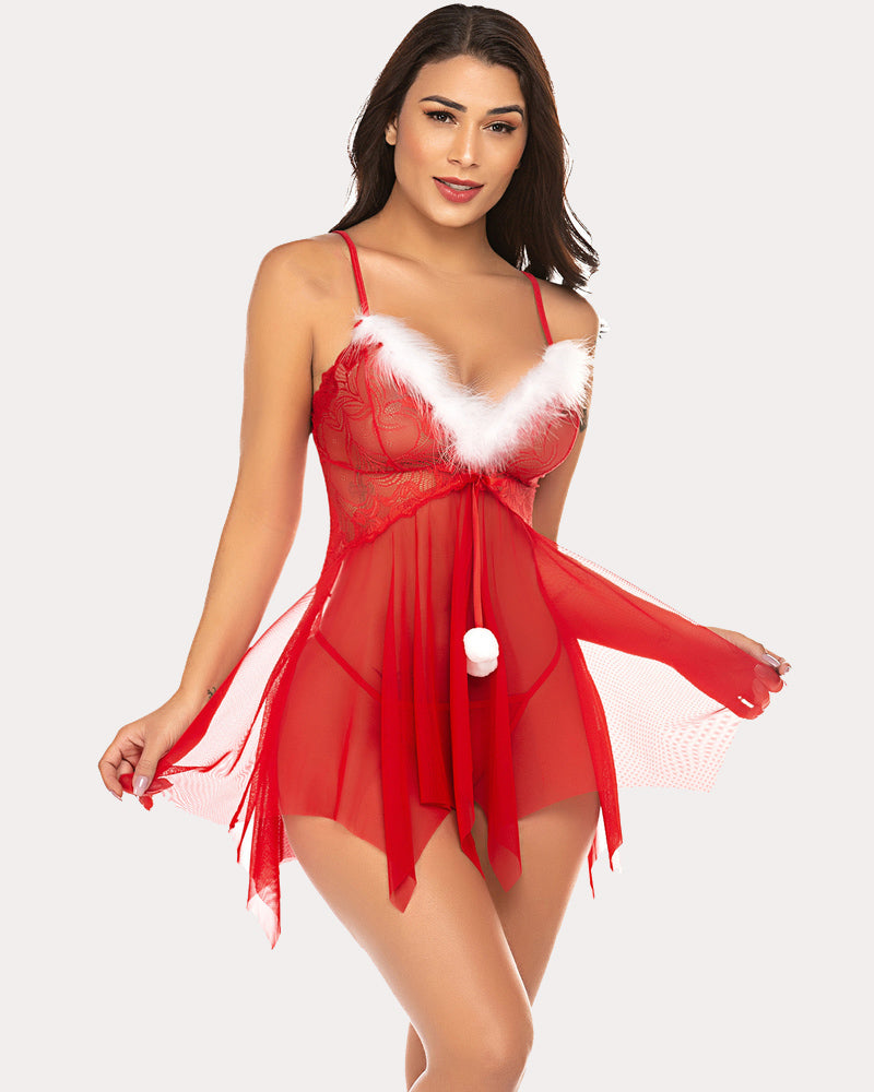 Red lace nightie with white faux-fur V trim and sheer ruffle babydoll skirt