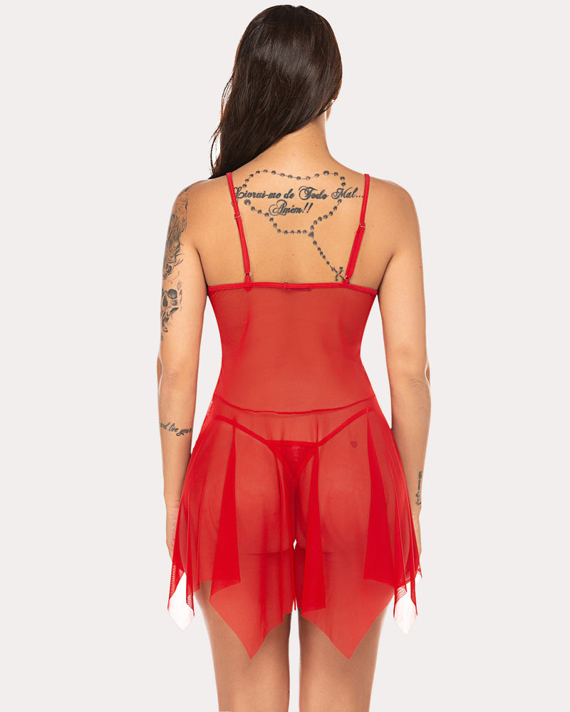 Red lace nightie back view with sheer mesh skirt and strappy open-back design
