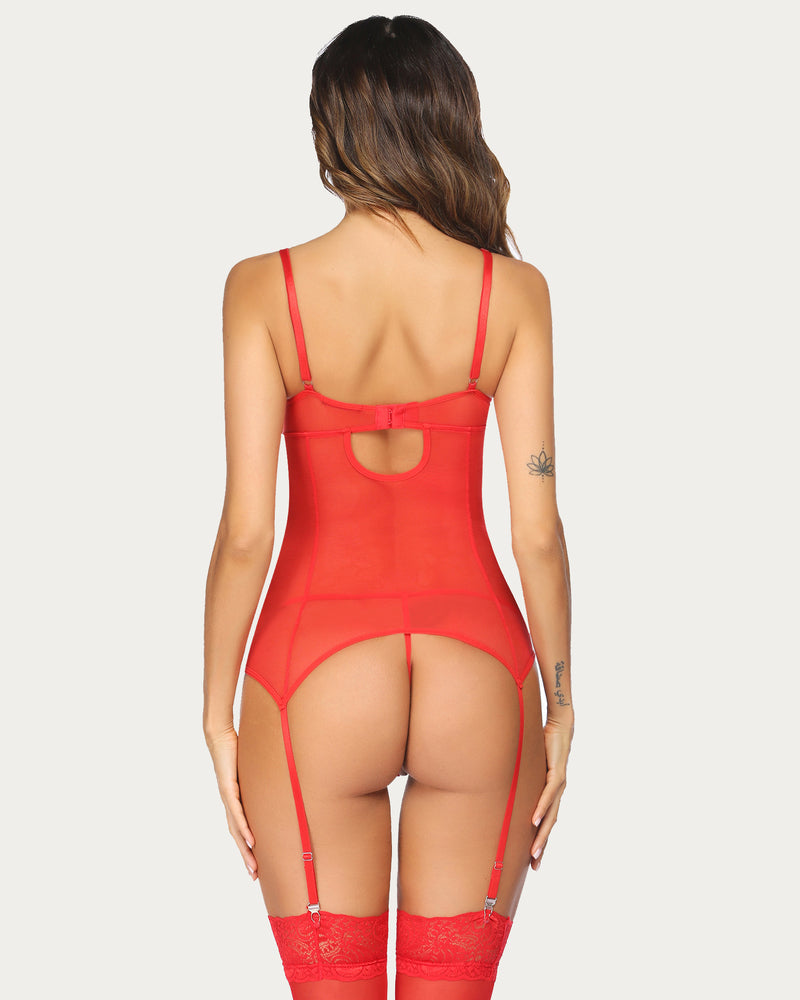 Red lace teddy bodysuit with garter belt and open back cutout with straps