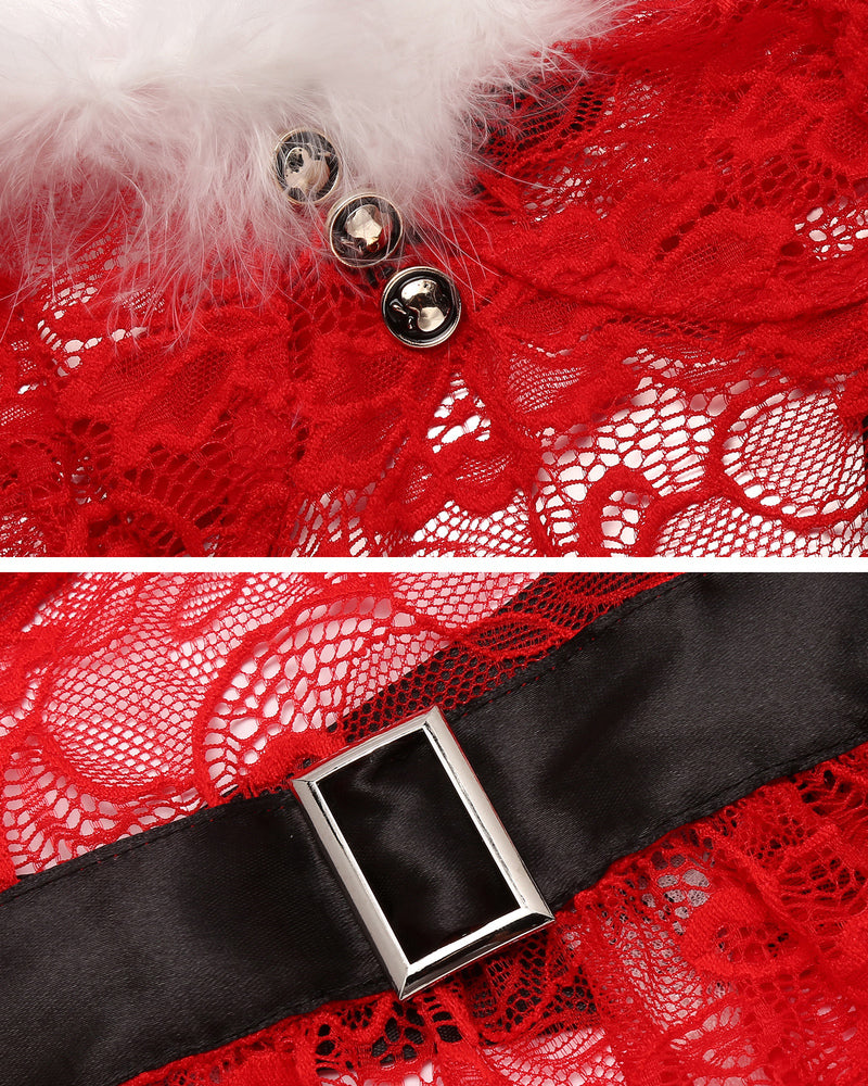 Red lace babydoll detail with white fur trim, round buttons, and black waist belt