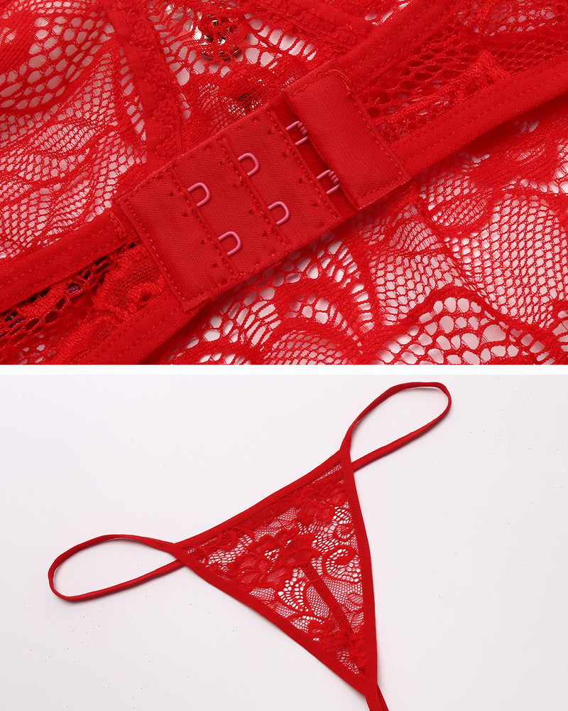 Red lace babydoll bra band with hook-and-eye closure and matching red lace thong