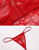 Red lace babydoll bra band with hook-and-eye closure and matching red lace thong