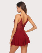 Dark red lace full slip dress with lace back, V-neck and flared short skirt