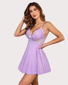 Lilac lace full slip dress with bow detail, sweetheart neckline, flared skirt