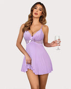 Lavender lace full slip dress with bow detail, V-neck bodice, thin straps