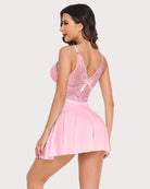 Pink lace full slip dress, lace bodice with bow and V-neck, adjustable straps