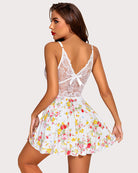 White floral lace full slip dress with V-back and bow at center