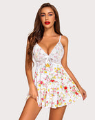 White floral lace full slip dress with V-neckline and bow at bust