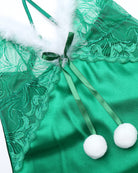 Green satin chemise lace bodice with white faux-fur trim, ribbon bow, and pom-poms