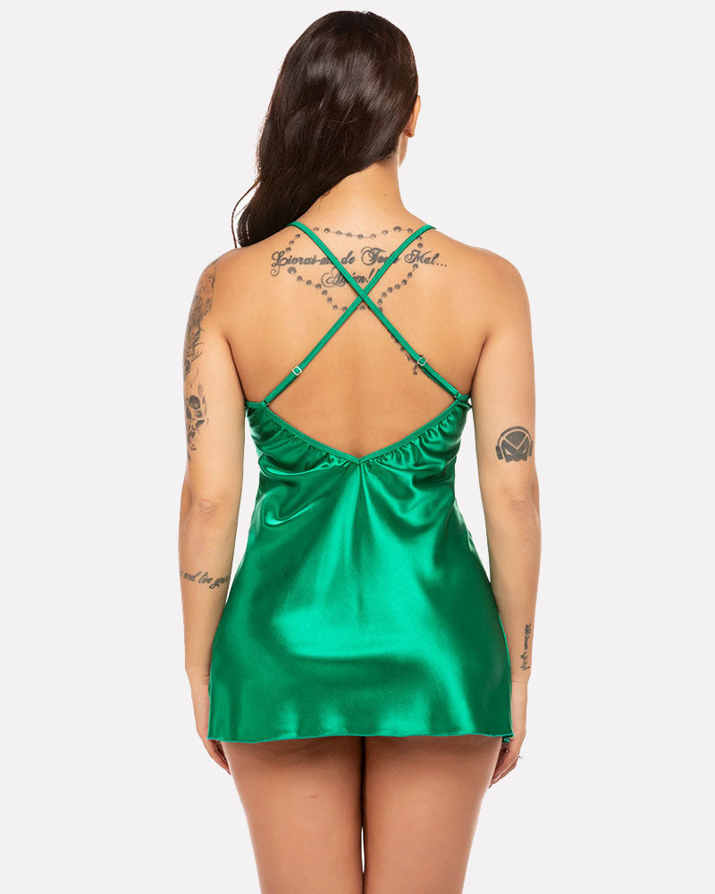 Green satin Santa-style chemise with crisscross back straps