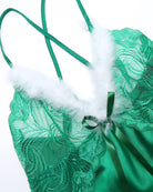Green lace chemise with satin bow, white faux-fur trim, thin straps