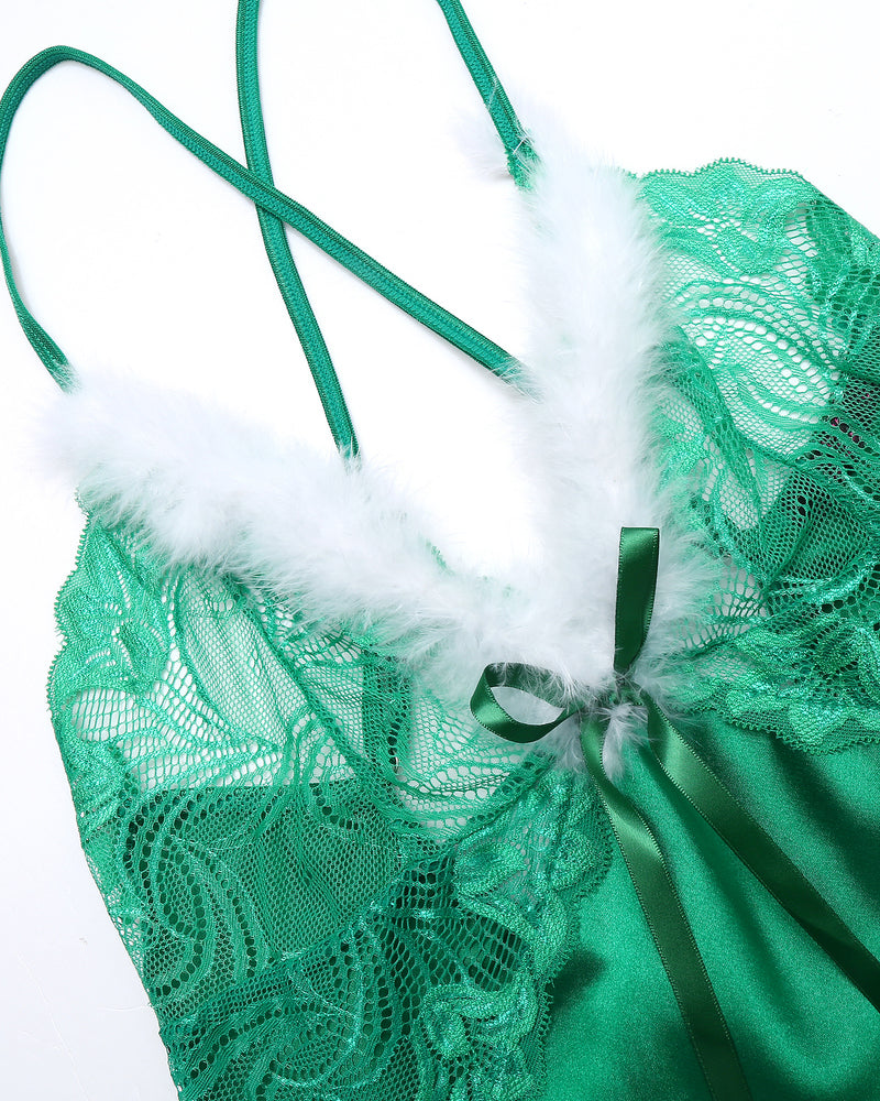 Green lace chemise with satin bow, white faux-fur trim, thin straps