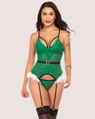 Green lace lingerie corset-style set with garter straps, choker, and feather trim