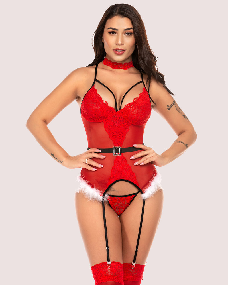 Red lace lingerie corset-style set with garter straps, choker, and feather trim