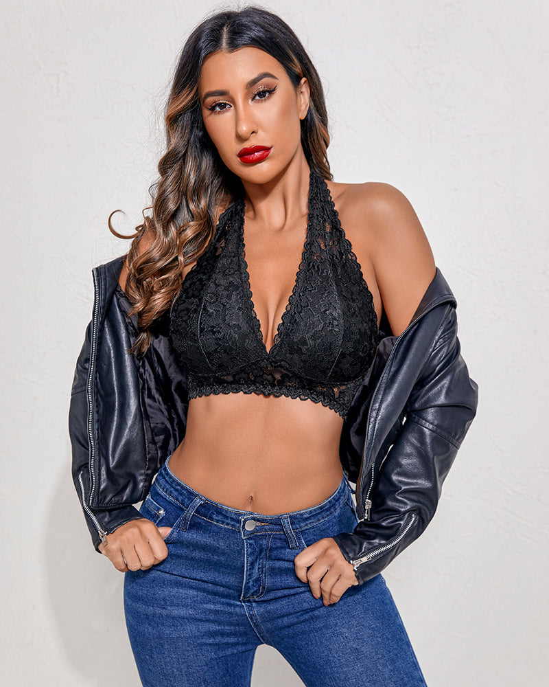 Black deep V lace wirefree bra with scalloped trim and sheer floral pattern.