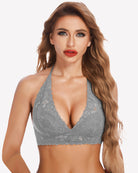 Gray deep V lace wirefree bra with scalloped trim and floral lace cup detail.
