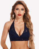 Dark blue deep V lace wirefree bra with scalloped lace trim