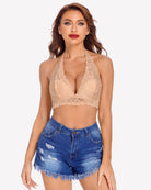 Beige deep V lace wirefree bra with scalloped trim and lace cup overlay.