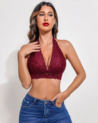Burgundy deep V lace wirefree bra with scalloped neckline and lace front panel.