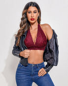 Burgundy deep V lace wirefree bra with scalloped lace trim and floral pattern.