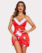 Red lace V-neck full slip chemise with white faux-fur trim and holiday print