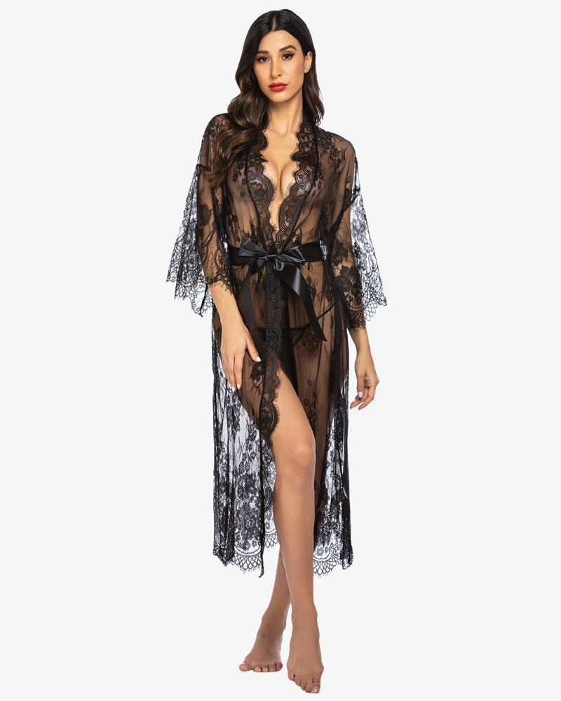 Black sheer lace kimono robe nightdress with V-neck, tie belt, flared lace sleeves