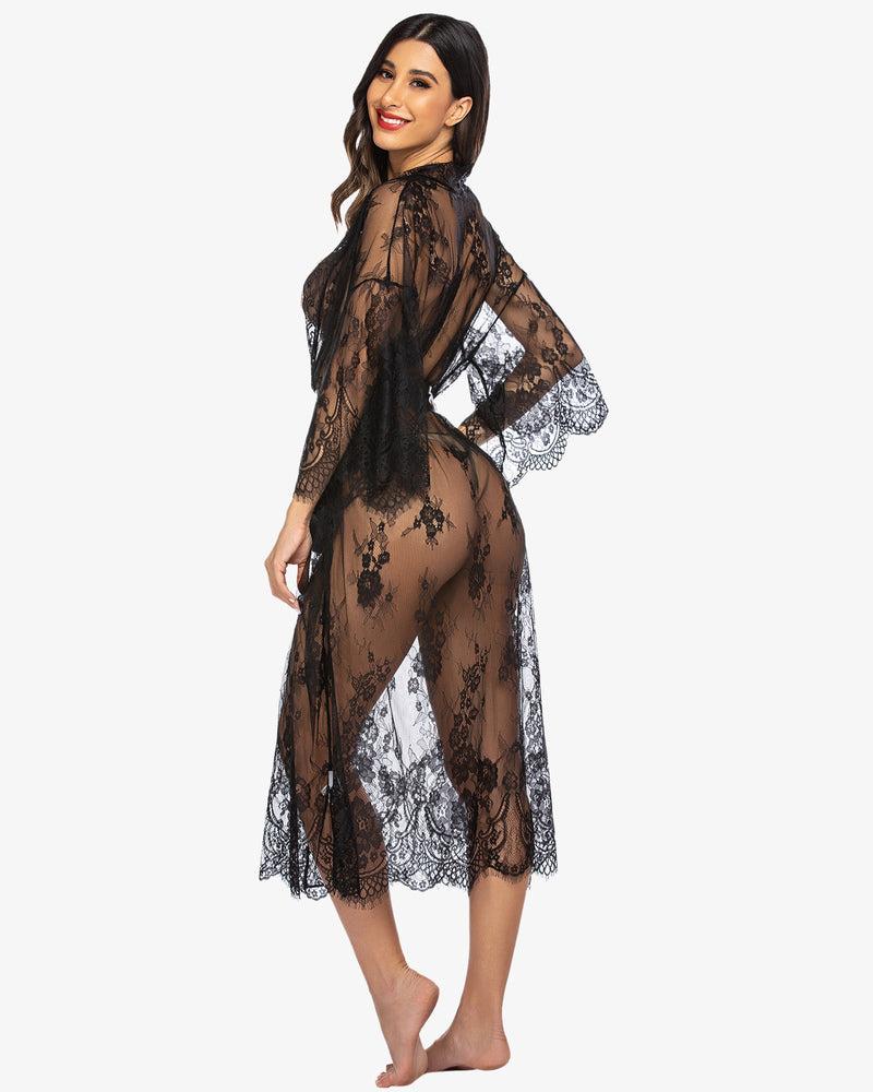 Black sheer lace kimono robe nightdress with V-neck lace, tie belt, midi length