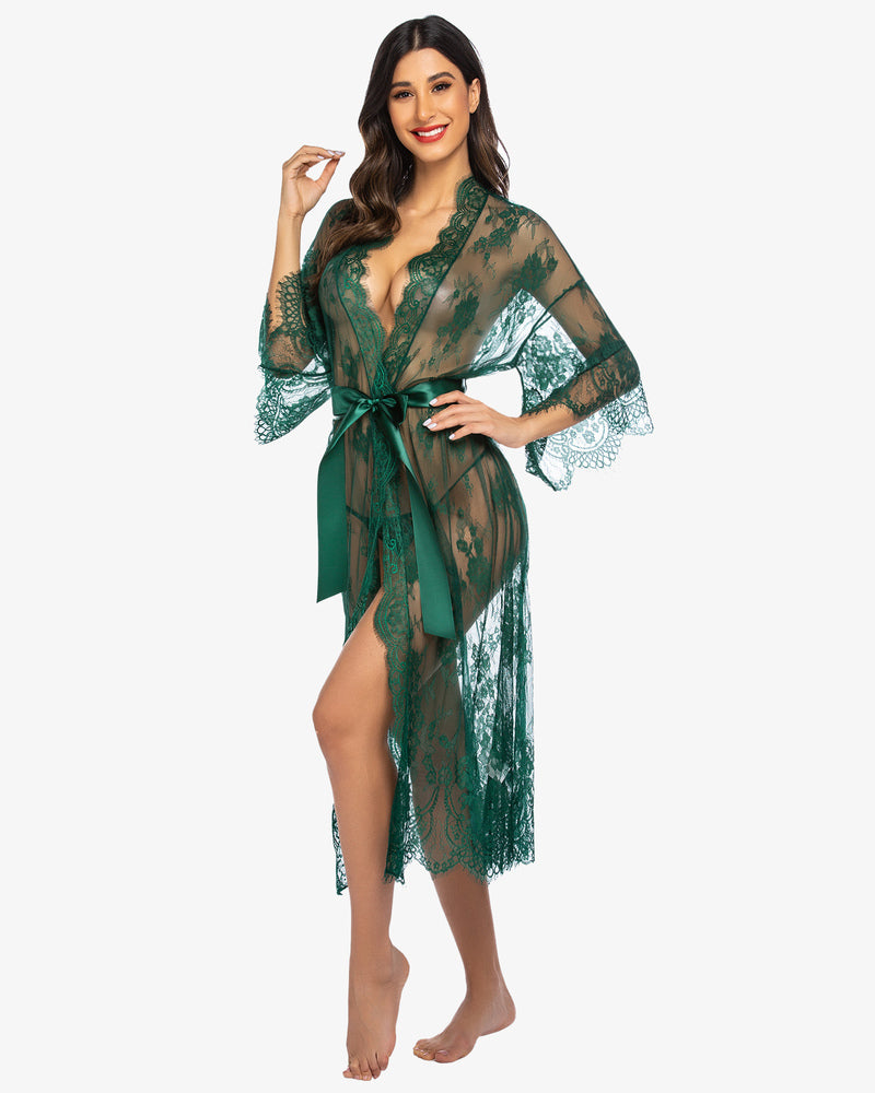 Dark green sheer lace kimono robe nightdress with V-neck, satin tie belt, flared sleeves