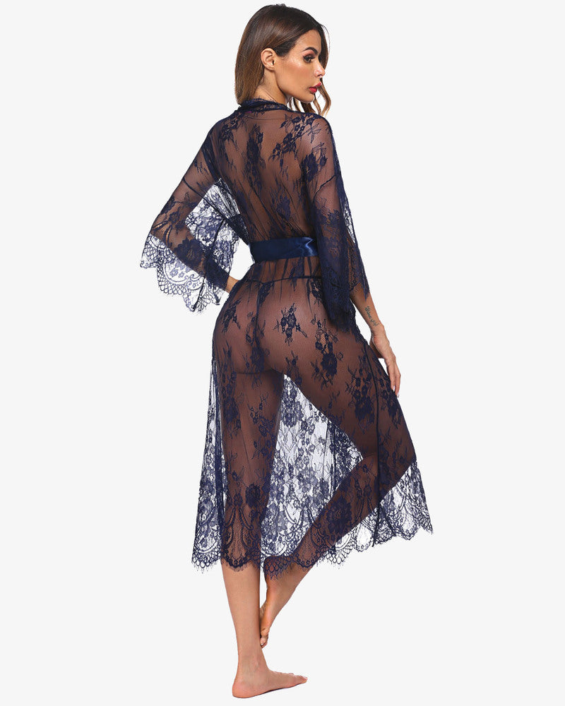 Navy blue sheer lace kimono robe nightdress, back view with satin tie belt and lace hem
