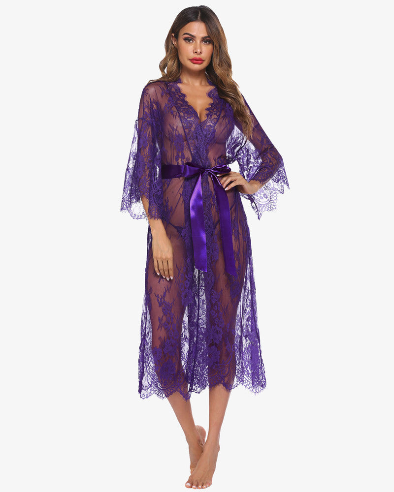 Purple sheer lace kimono robe nightdress with V-neck, satin tie belt, flared sleeves