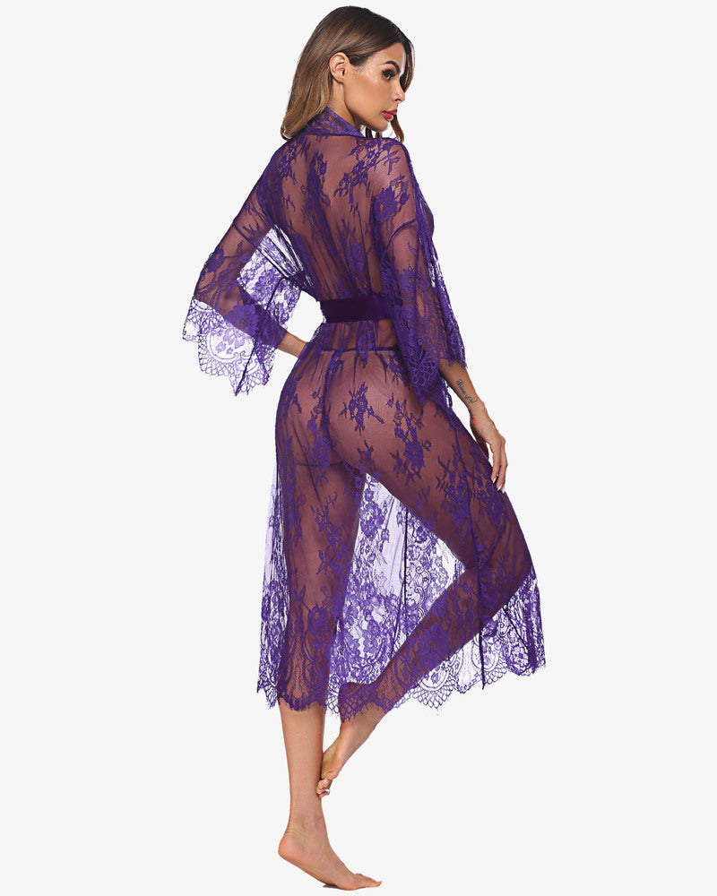 Purple sheer lace kimono robe nightdress, V-neck, 3/4 sleeves, satin tie belt, back view
