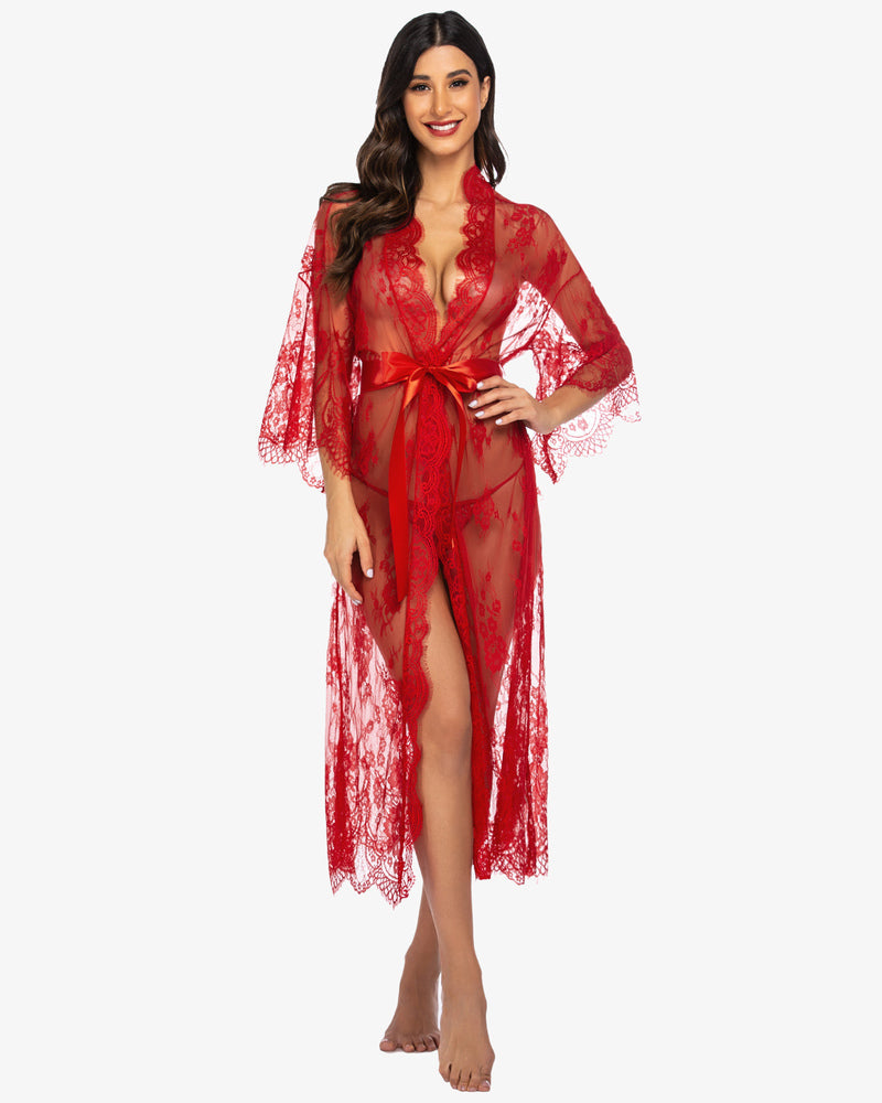 Red sheer lace kimono robe nightdress, deep V-neck, 3/4 sleeves, satin tie belt