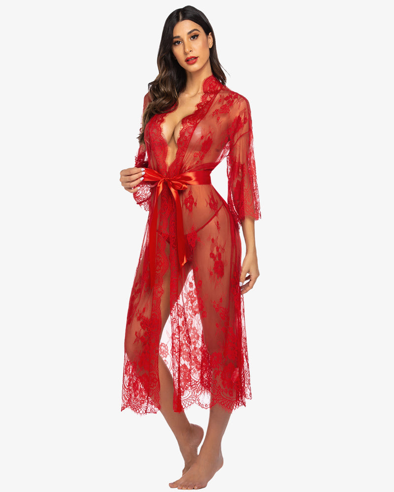 Red sheer lace kimono robe nightdress, deep V-neck, 3/4 sleeves, satin tie belt