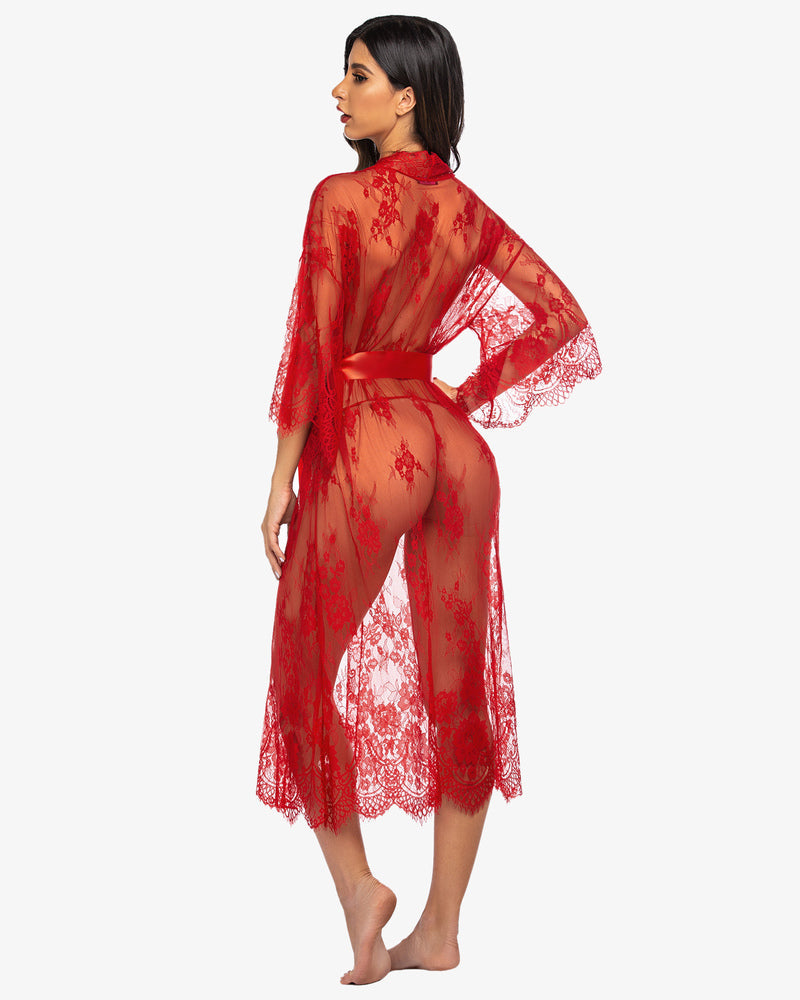 Red sheer lace kimono robe nightdress with satin tie belt, 3/4 sleeves, back view
