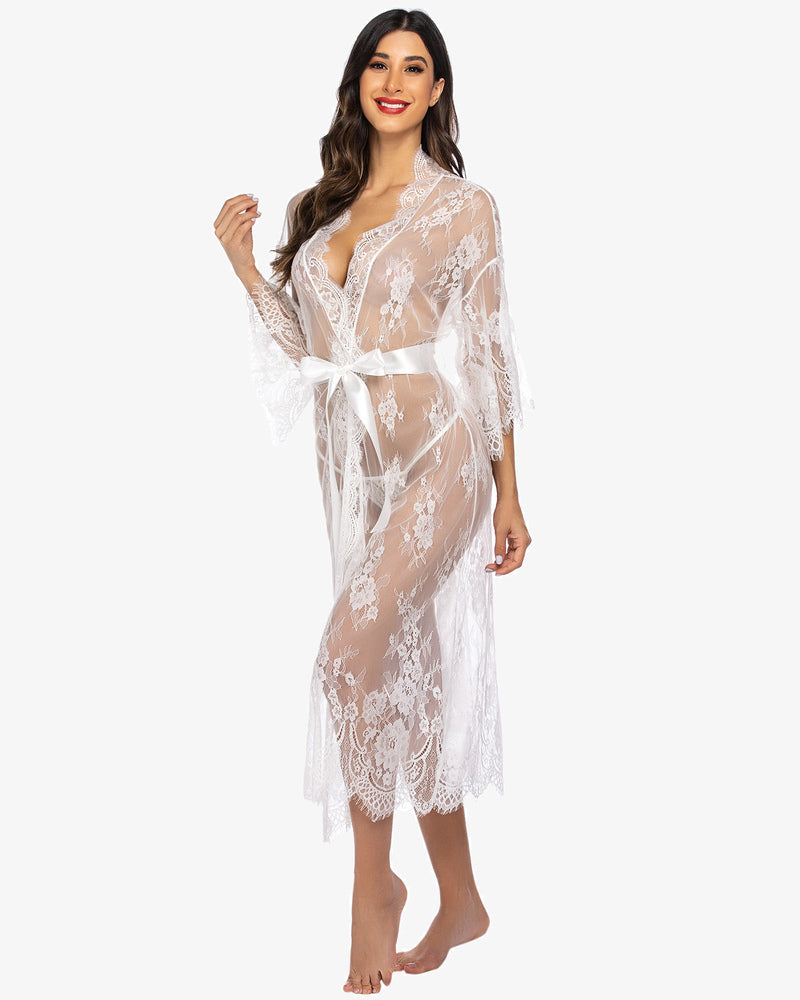 White sheer lace kimono robe nightdress, deep V-neck, 3/4 sleeves, satin tie belt