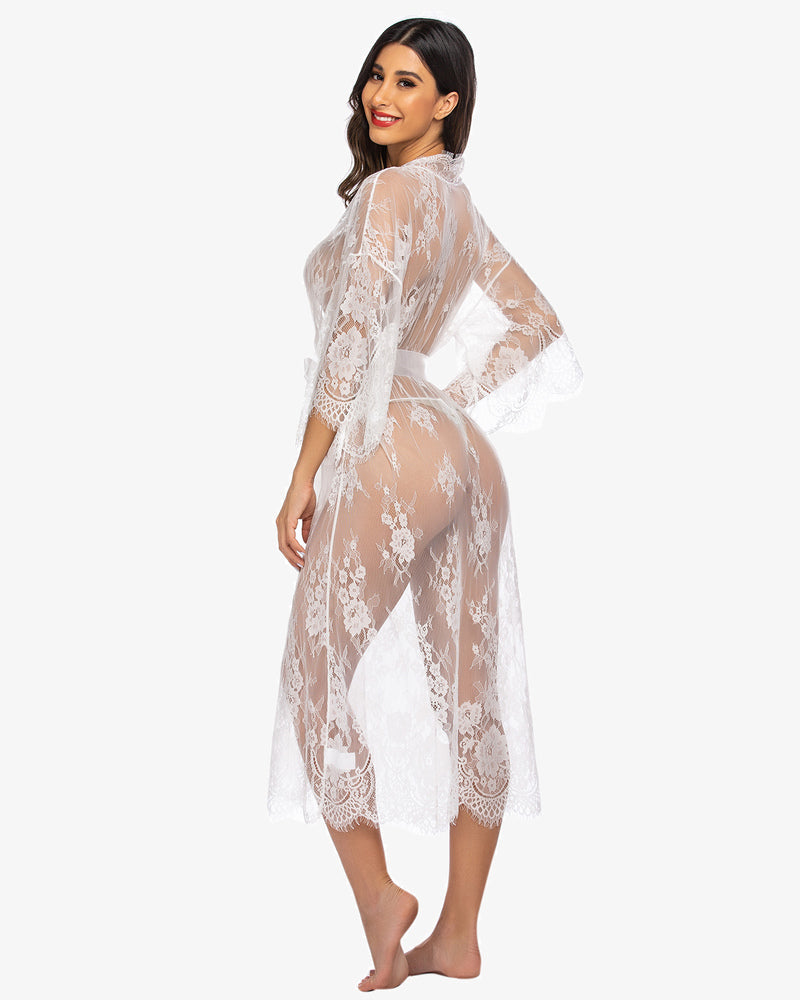 White sheer lace kimono robe nightdress, deep V-neck, 3/4 sleeves, satin tie belt, back view