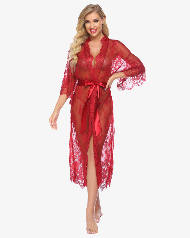 Red sheer lace kimono robe nightdress, deep V-neck, 3/4 sleeves, satin tie belt
