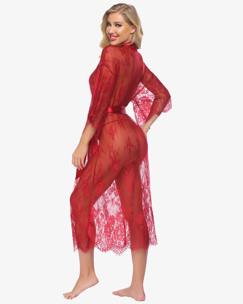 Red sheer lace kimono robe nightdress with long sleeves and open front