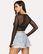 Black sheer mesh long-sleeve crop top, round neckline, back view