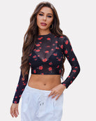 Black mesh mock neck long sleeve crop top with red floral print