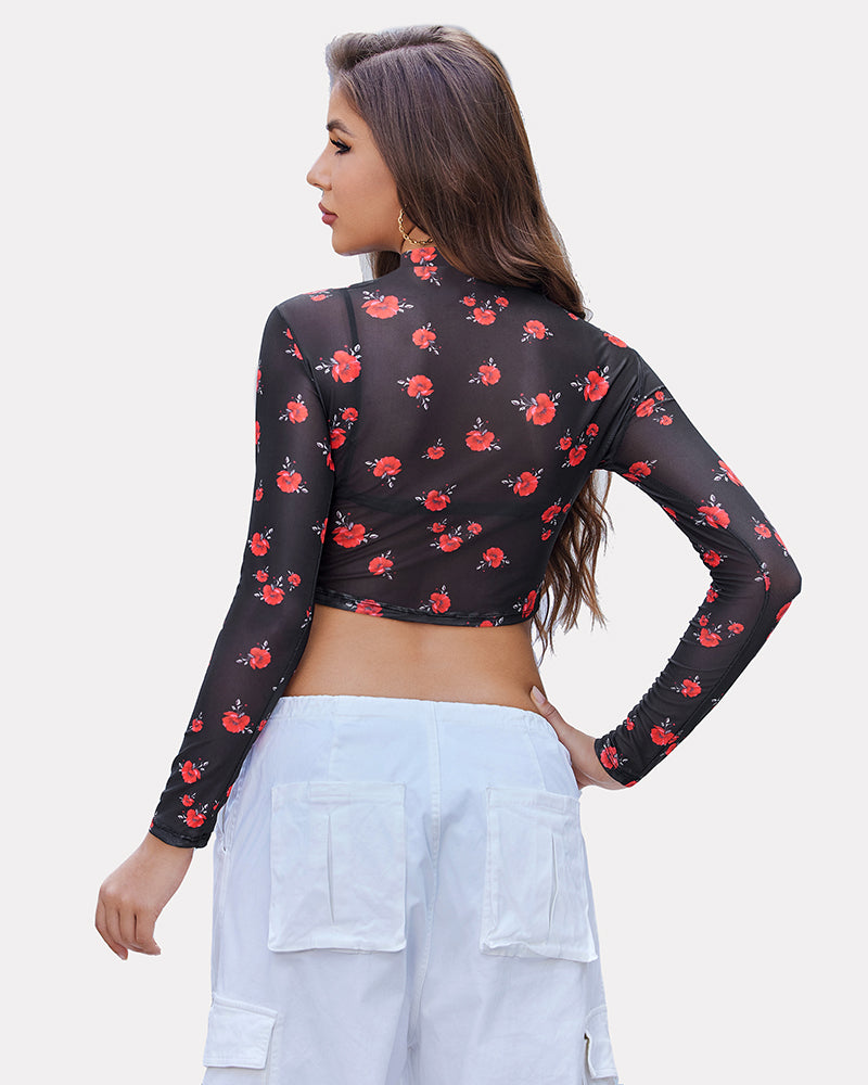 Black mesh mock neck long sleeve crop top with red floral print