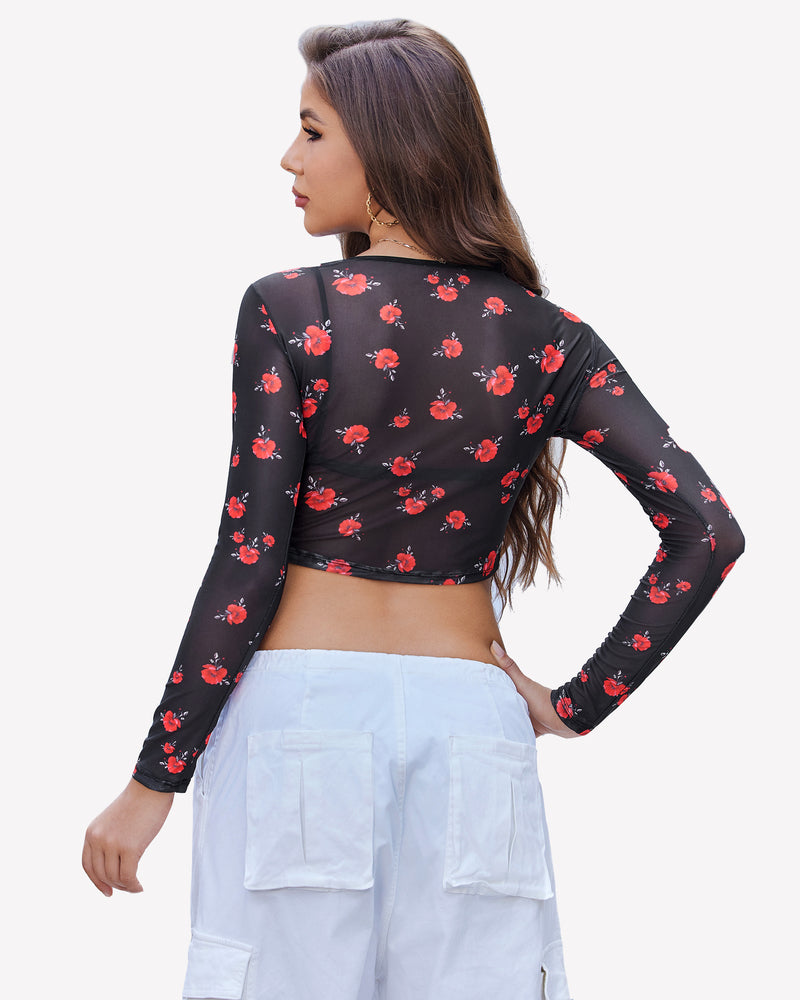 Black mesh long-sleeve crop top with red floral print, sheer back view