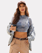 Light blue and gray tie-dye mesh mock neck long sleeve crop top