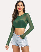 Dark green sheer mesh long-sleeve crop top with round neckline