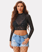 Black mesh mock neck long sleeve crop top with gold star print