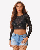Black mesh long-sleeve crop top with gold star print, see-through fabric
