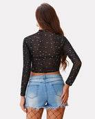 Black star-pattern long sleeve mesh crop top with mock neck